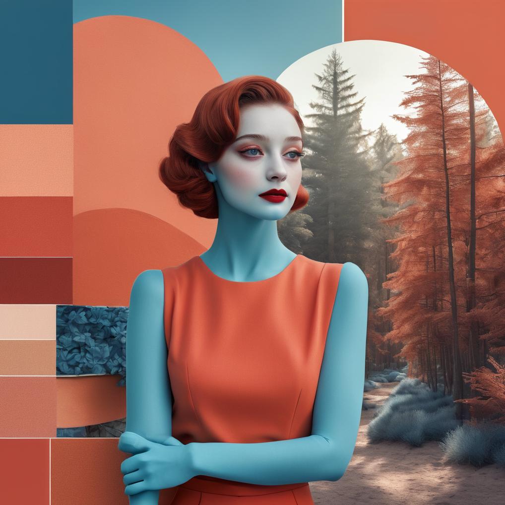 Artificial Intelligence (AI) generated image art, woman, Art Deco Glamour Classic Blue, Pantone 19-4052, Flame Scarlet, Pantone 17-1544, Forest Biome, Pantone 19-0622, Sunlight, Pantone 13-0822, Coral Sand, Pantone 16-1338