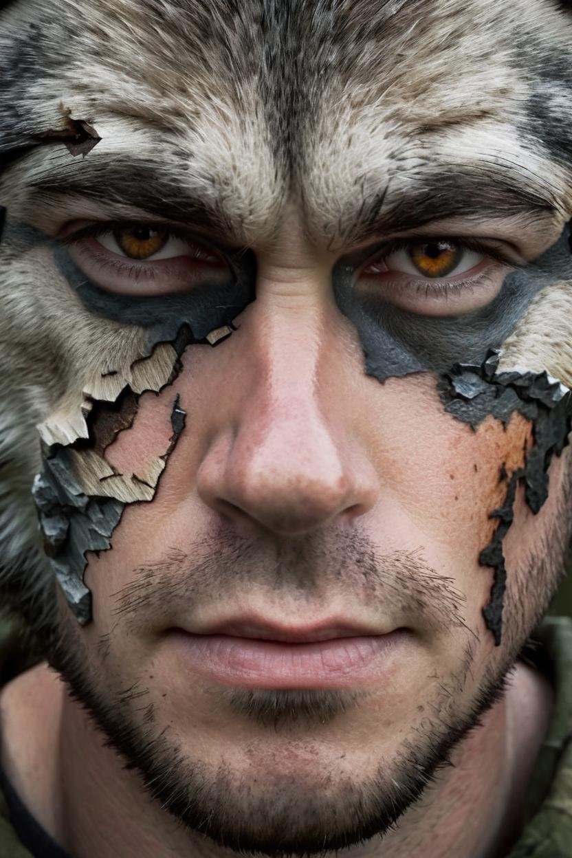 Artificial Intelligence (AI) generated image art, man, half face, half wolf face super imposed onto man’s face, epic art by greg rutkowski, in war, highly detailed, portrait, woodland background,