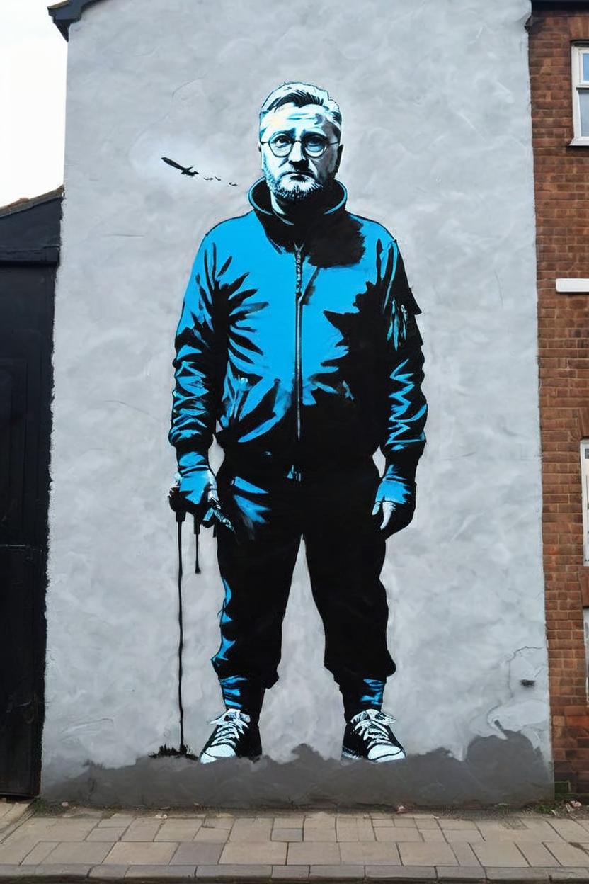Artificial Intelligence (AI) generated image art, man, as a bansky style mural