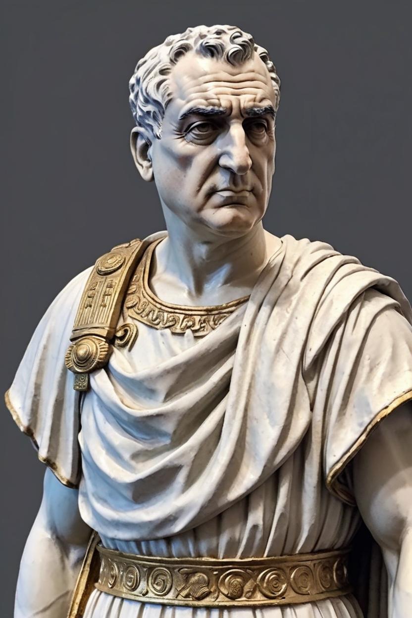 Artificial Intelligence (AI) generated image art, man, a classical bust of a Roman emperor from 100 BCE in Byzantine style. Make sure head is in perfect proportion with body. man is wearing a Roman Toga