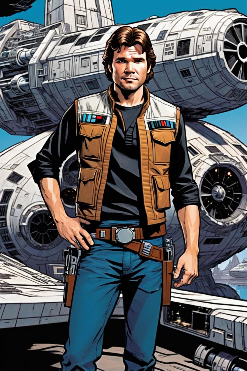 Artificial Intelligence (AI) generated image art, man, handsome man, As Han Solo from Star Wars comics. Cover art by David Nakayama. Chewbacca in the background. Standing in front of the millennium falcon, in a space shipyard. Comic book style.