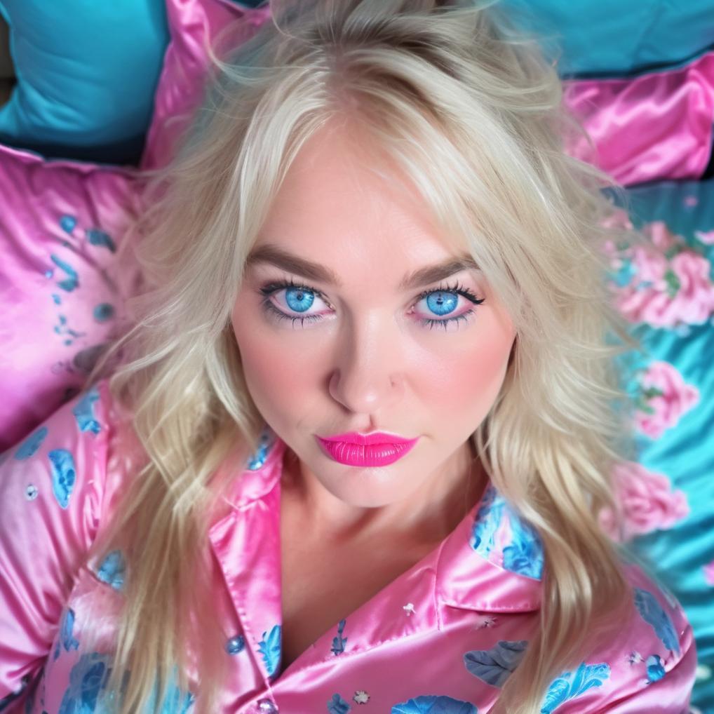 Artificial Intelligence (AI) generated image art, woman, (masterpiece, best quality), (intricate details), unity 8k wallpaper, ultra detailed, beautiful and aesthetic, perfect lighting, (1girl), (blonde hair, blue eyes), dynamic pose, dynamic angle, lipstick, slim, slim body, (pink pyjama), (lying on pillow ), (from top), bedroom background, detailed background, realistic, solo, perfect detailed face, detailed eyes, highly detailed, blush, bolster, sleeping