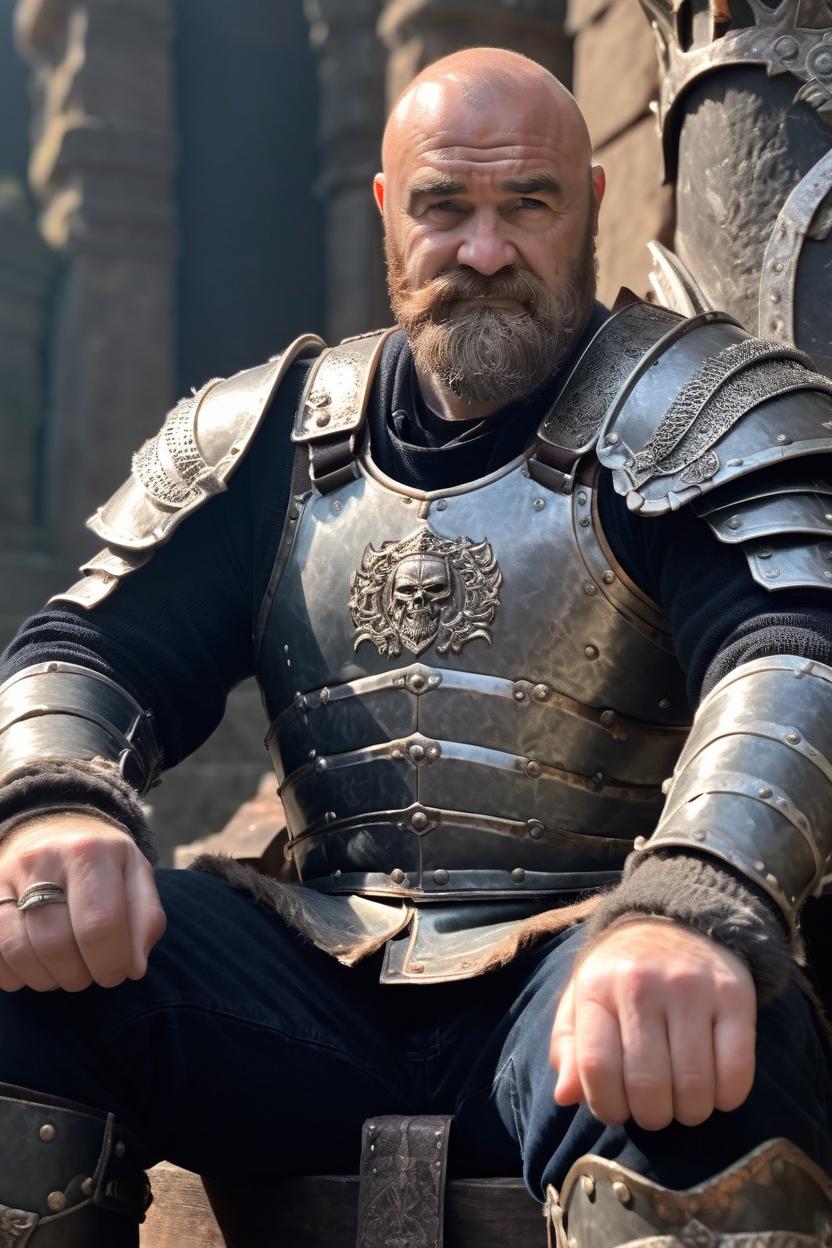Artificial Intelligence (AI) generated image art, man, portrait, warrior, battle armor, mid shot angle, looking at camera, cinematic lighting, ethereal, rugged, dashing, king sitting on throne