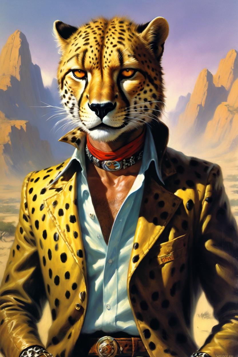 Artificial Intelligence (AI) generated image art, (classic fantasy pulp book cover art), (man) as fantasy tabaxi cheetah man, dnd tabaxi, illustration, art by Boris Vallejo, 80s fantasy art, portrait, landscape