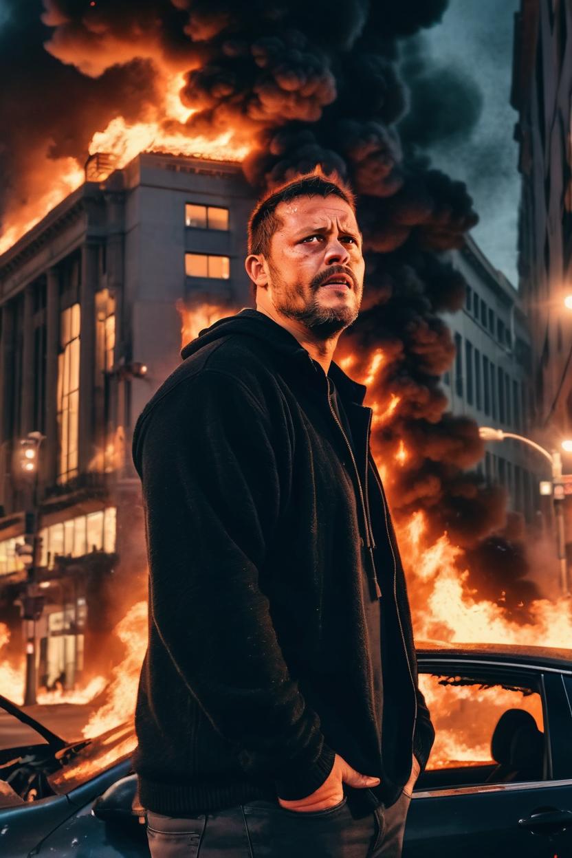 Artificial Intelligence (AI) generated image art, man, in a dark aesthetic photo, amidst a chaotic street protest in a city center, The scene is filled with tension and unrest, as flames from fire flares illuminate the night sky in the background. Standing boldly on the roof of a car. 8k stunning photograph
