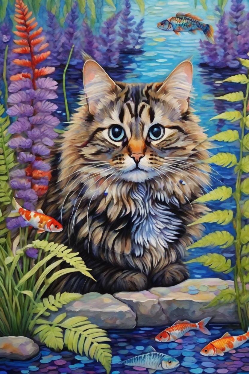 Artificial Intelligence (AI) generated image art, cat, cute, ((cat)), rescued with love, lakeside are ferns and fiddlesticks in background, purple blue red flowers spot background, intricate detailed, fine details, artsy, fantasy painting, koi pond with fish can be seen in the distance behind piepie