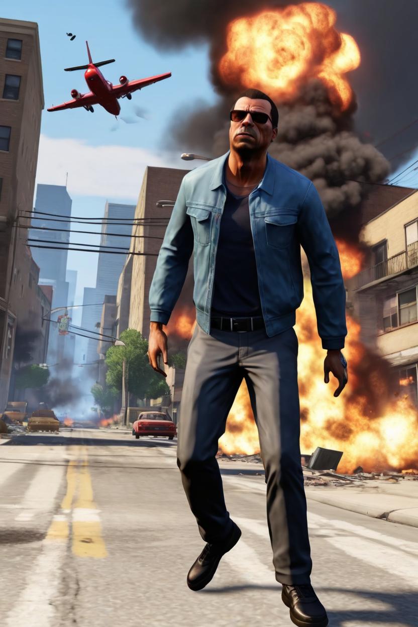 Artificial Intelligence (AI) generated image art, me waking away from an explosion in GTA