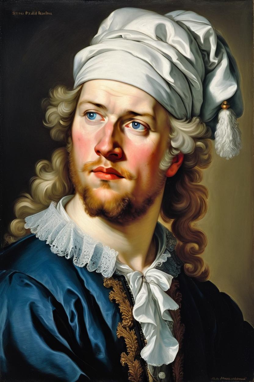 Artificial Intelligence (AI) generated image art, Old Oil painting ‘half-length’ (from head to waist) portrait of a 21 year old dutch nobleman man in the Rococo/Baroque time, Button nose, sultry gaze of blue eyes, white powdered ponytail wig, pastel outfit. Powdered face with the 1700s male-beauty-standards. (leave space above head), Burly/broad and tall body, haughty and elegant posture. Art by Frans Hals, SIR PETER PAUL RUBENS, Rembrant, Hans Holbein II.