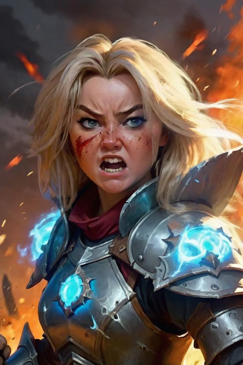 Artificial Intelligence (AI) generated image art, woman, as fantasy paladin, art by greg rutkowski, fighting enemies in battle, in front lines, angry