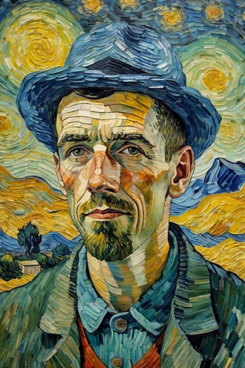 Artificial Intelligence (AI) generated image art, man, In the style of (Van Gough), painted by Vincent Van Gough,