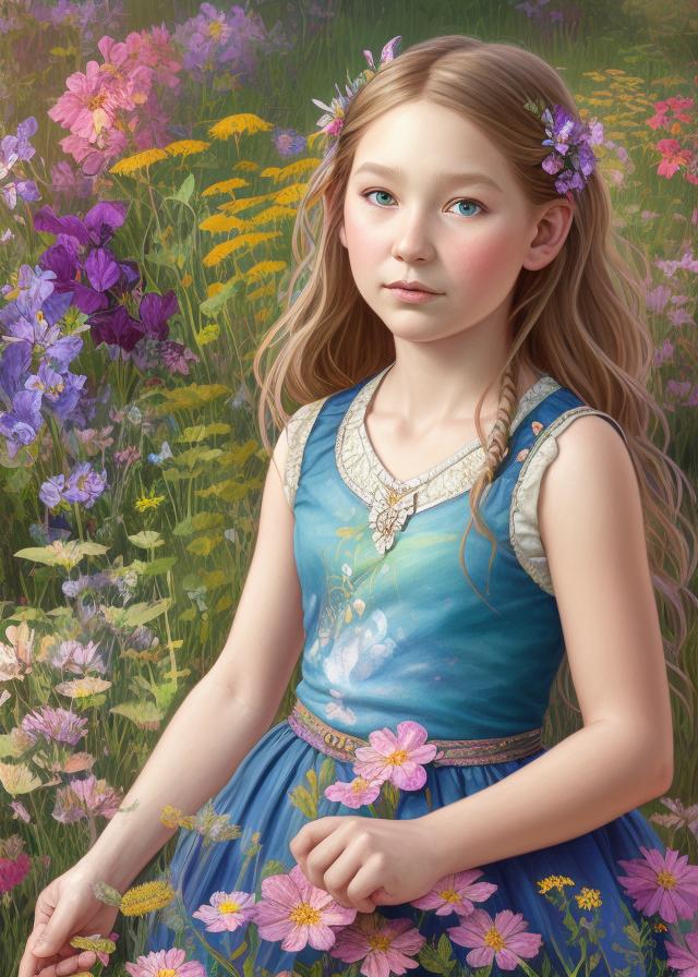 Artificial Intelligence (AI) generated image art, person, ((portrait)), 9 years old girl, beautiful sandy blonde haired fairy princess, highly detailed illustration, in a garden holding a bunch of wild flowers, deep focus, d & d, fantasy, intricate, elegant, highly detailed, digital painting, artstation, concept art, sunset, matte, sharp focus, illustration, hearthstone, art by artgerm and greg rutkowski and alphonse mucha and marco mazzoni, vibrant irredescent colorful flowers every where, ferns surround the meadow