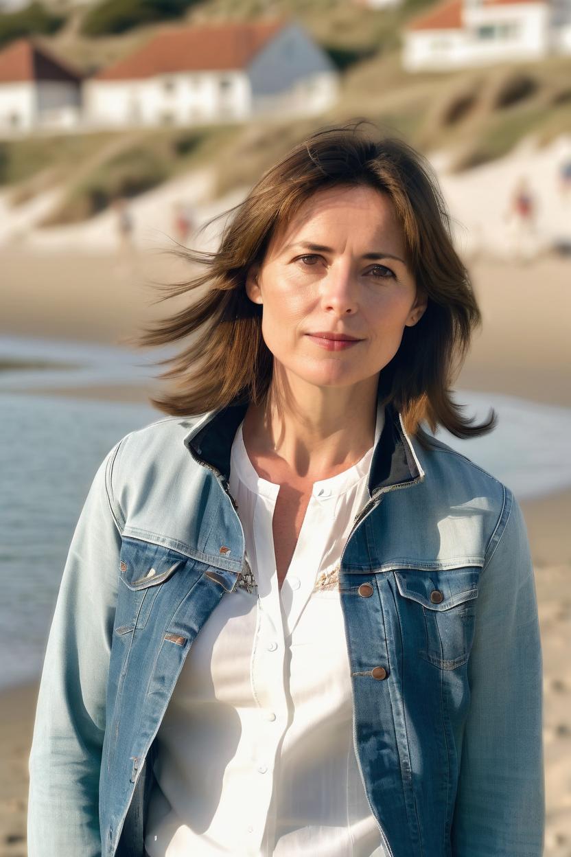 Artificial Intelligence (AI) generated image art, woman, handsome half-body portrait of a woman with medium-length brown hair, (34 profile of the face), looking into the distance, (85 mm lens), (film photography), gaussian blur, beach background, soft lighting, subtle make-up, 35 years old, wearing a miniskirt and a white blouse, with a denim jacket over it, white sneakers