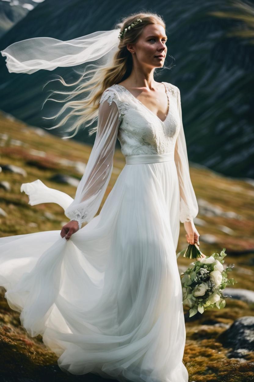 Artificial Intelligence (AI) generated image art, woman as beautiful bride, norwegian mountain wedding, outdoor, ultra detailed photography, light flowy wedding dress, motion photography