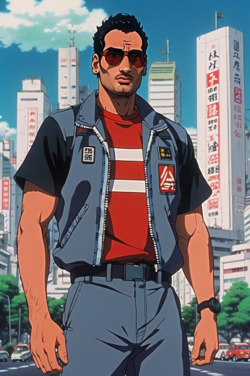 Artificial Intelligence (AI) generated image art, man, (akira 1988 anime film), portrait, scifi city landscape, 90s anime style