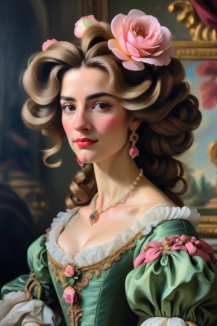 Artificial Intelligence (AI) generated image art, Beautiful woman celia, baroque style portrait, oil painting, romantic wearing Versailles style clothing and hair, featuring a rose