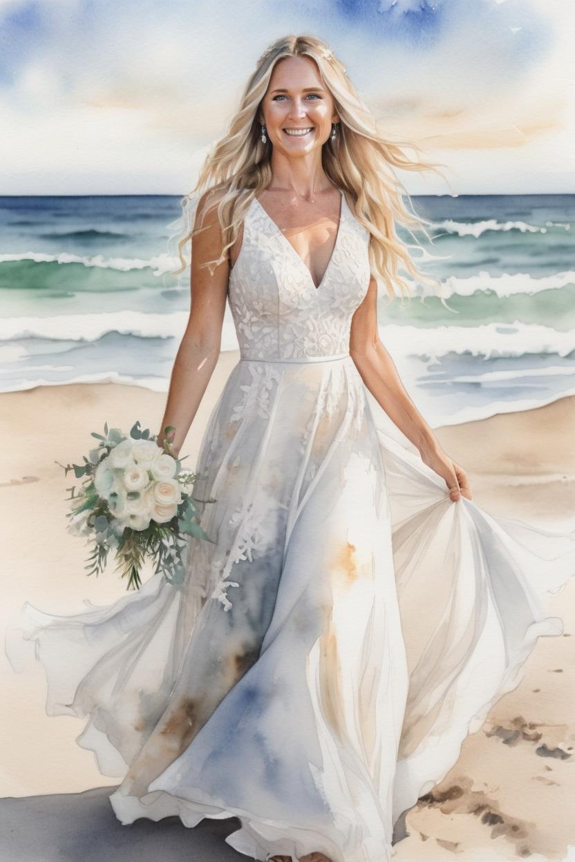 Artificial Intelligence (AI) generated image art, woman as beautiful blonde bride, long hair, beachfront wedding, outdoor, ultra detailed illustration, watercolor, light flowy wedding dress, on the beach, motion photography