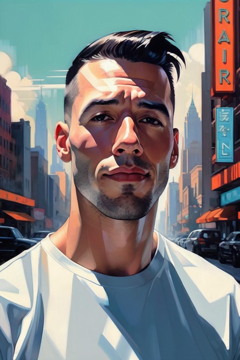 Artificial Intelligence (AI) generated image art, man, shiny haircut, (leave space above head), dramatic light, art deco city background, high contrast, sharp, painted by stanley artgerm lau, painted by patrick nagel