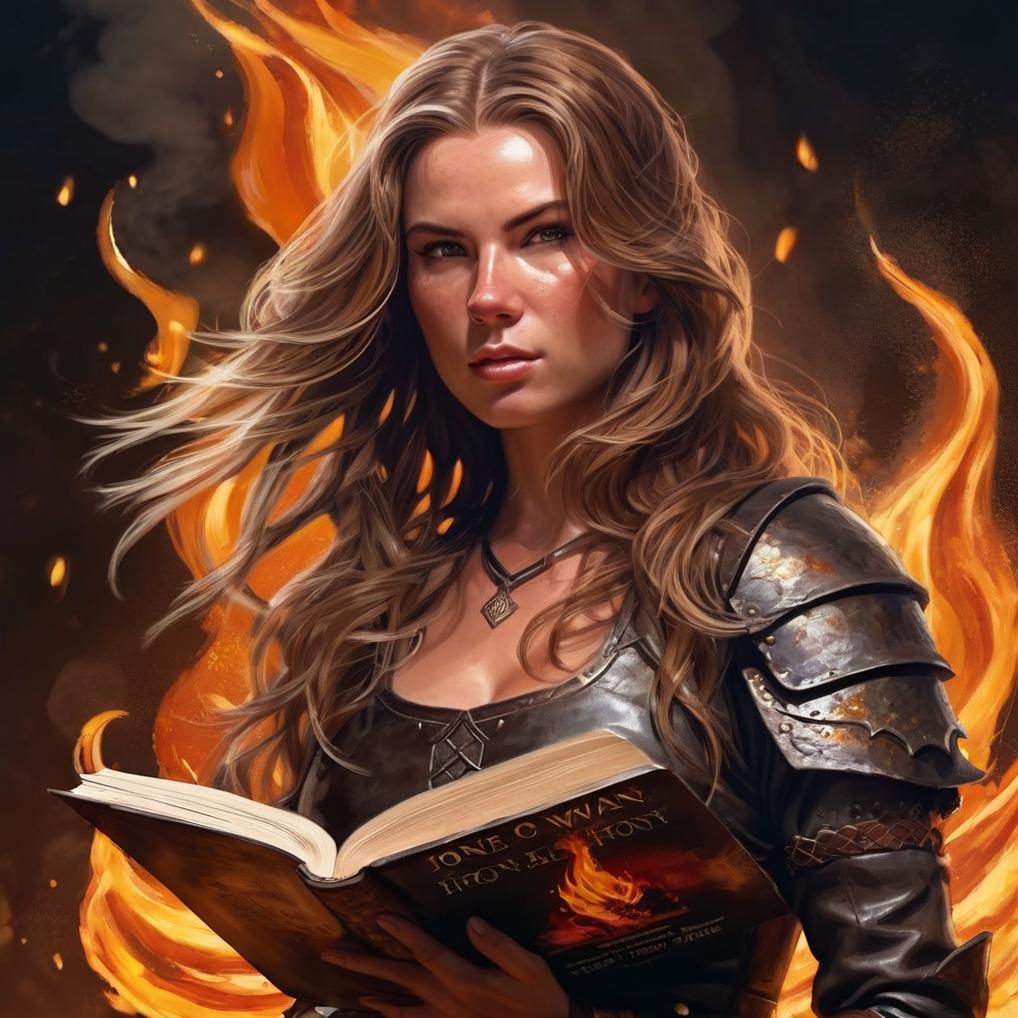 Artificial Intelligence (AI) generated image art, woman, ((portrait)) full body, torso, honey drizzles in the air, swirling around body, holding book with one hand. Hellscape background, waves of honey and flames, face is softly illuminated, looking up with a focused, seductive expression. Stunningly beautiful, hyper realistic, 4k, highly detailed, long hair, dark leather armour with weapons. The honey's reflection adds a warm glow to her features, creating a cinematic and captivating dark visual