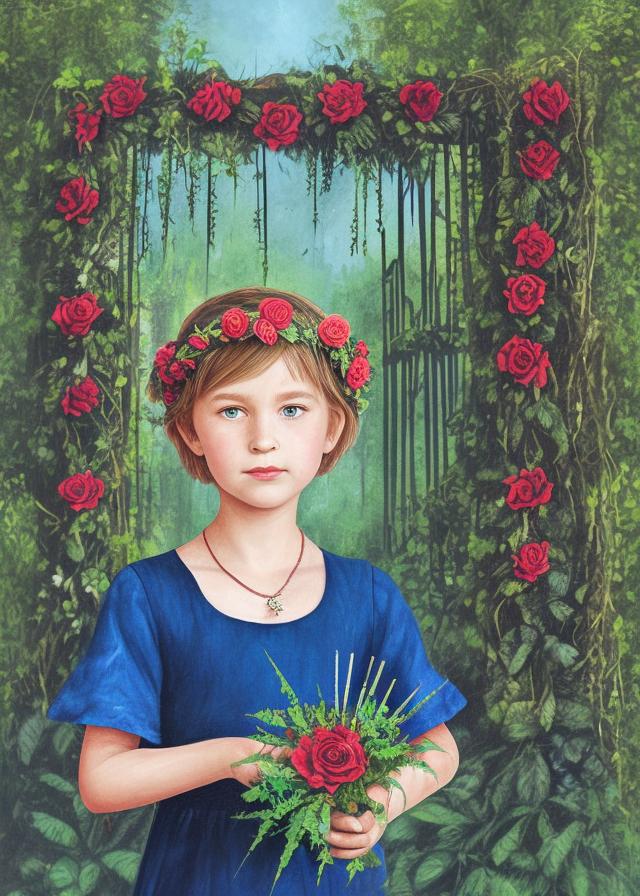 Artificial Intelligence (AI) generated image art, person, as Greek goddess Persephone, holding decaying flowers in one hand,black and blue underworld background, sandy blonde short hair, innocent looking, blue eyes, deep red rose flower crown looking ethereal and serene, in the style of tarot card art, pink aura, living ferns and vines with thorns mixed with dead flower and decaying vines border the frame around her. Blue Fog rises in background, she is 9 years old (realistic) (realism)