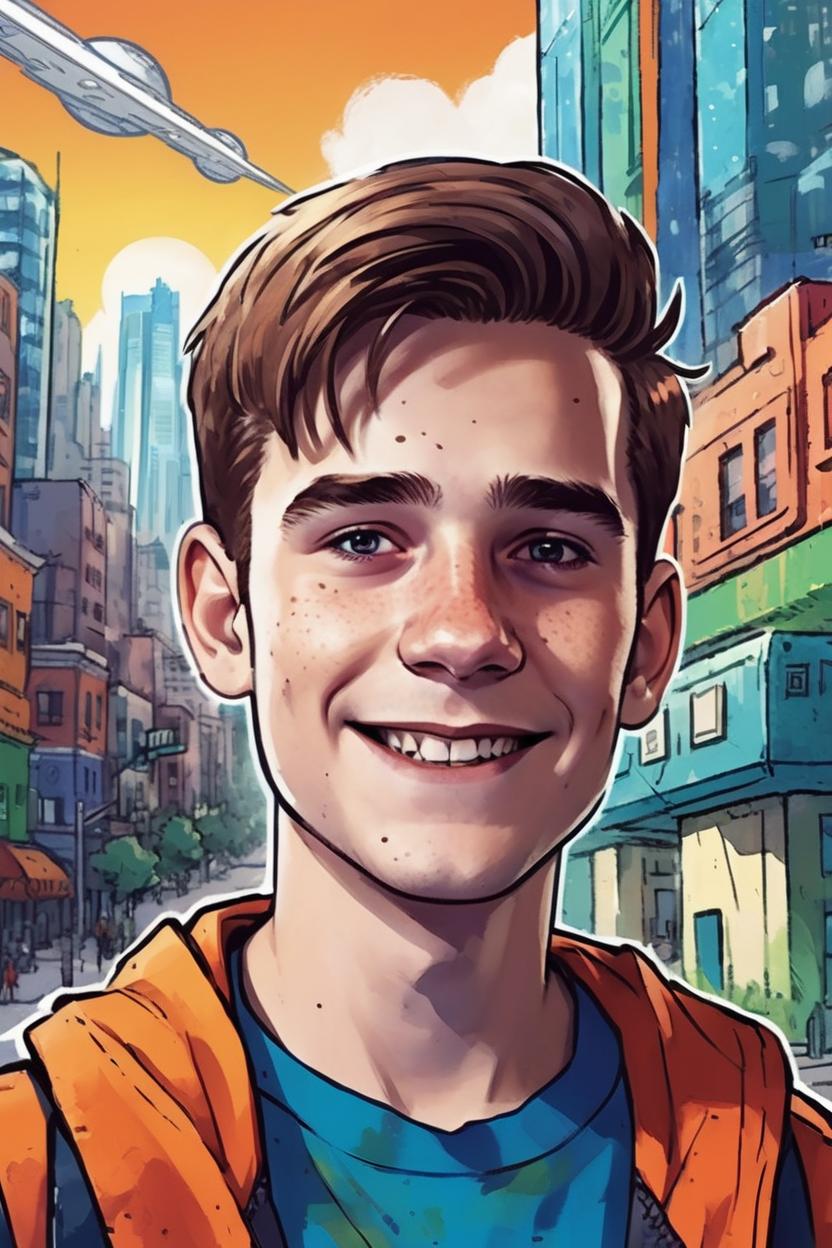 Artificial Intelligence (AI) generated image art, man, comic book style, portrait, scifi city landscape, happy, colorful, young man.