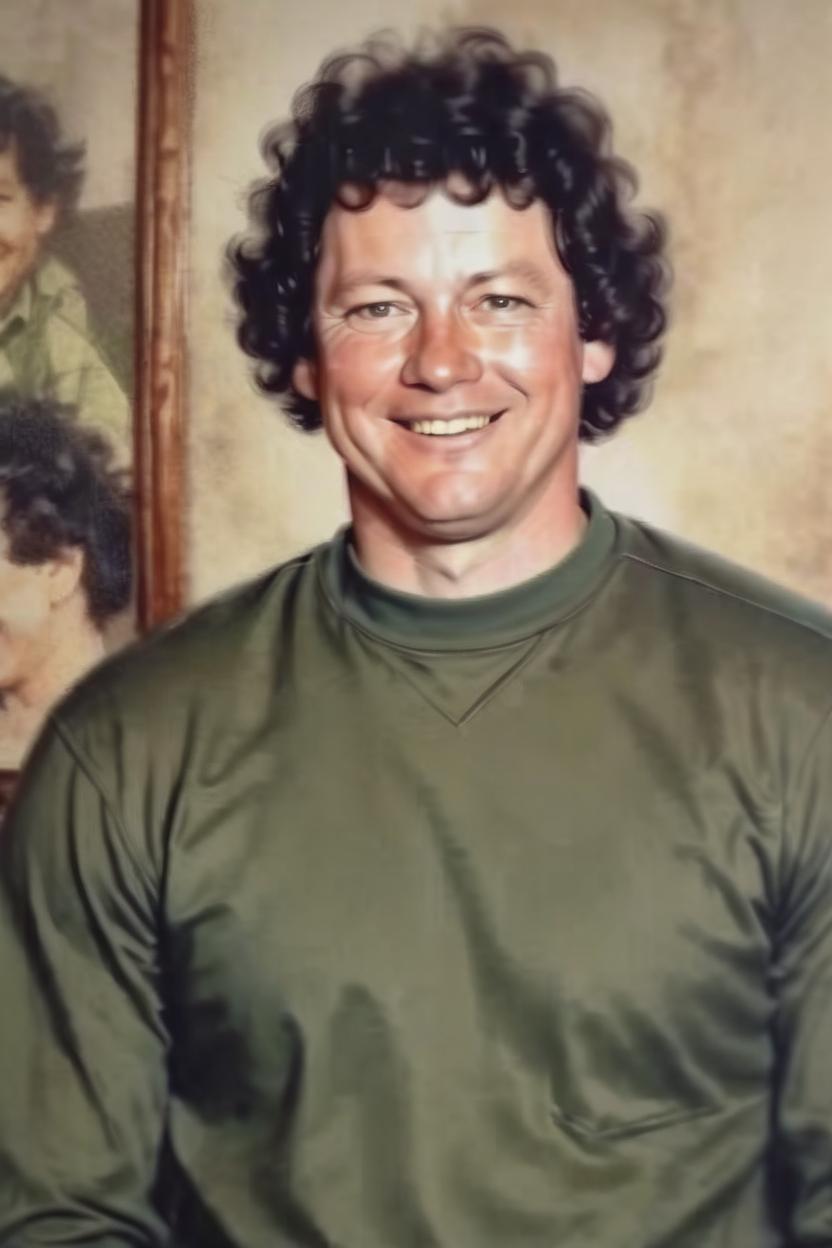 Artificial Intelligence (AI) generated image art, man, smile, short curly black hair, 40 years old, (in the style of E. H. Shepard), in the style realistic portrait illustrations, wearing a olive green long sleeve shirt, he looks at peace, realistic likeness to man