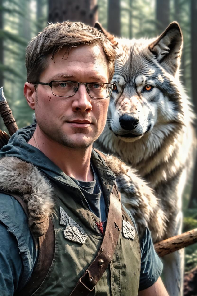 Artificial Intelligence (AI) generated image art, man as a forest warrior, (with a majestic wolf companion in the background), (portrait), art by Greg Rutkowski, 8k, (highly detailed), (photorealistic)