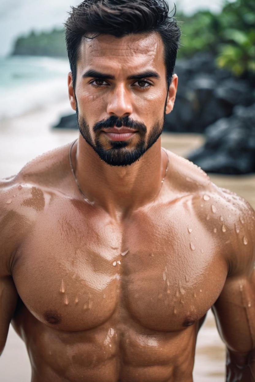 Artificial Intelligence (AI) generated image art, man, The award-winning international photograph captures the image of a beautiful male fitness model with tan skin, brown eyes. His big brown eyes reflect a tender and deep gaze as raindrops fall gently on her face on a deserted tropical beach. The photograph, taken with a Canon 50mm lens, shows a dramatic landscape blurred in the background, further highlighting the beauty of the model. Every detail of the image is optimized to the fullest, making this photograph a masterpiece that conveys a sense of delicacy and strength at the same time. amazing