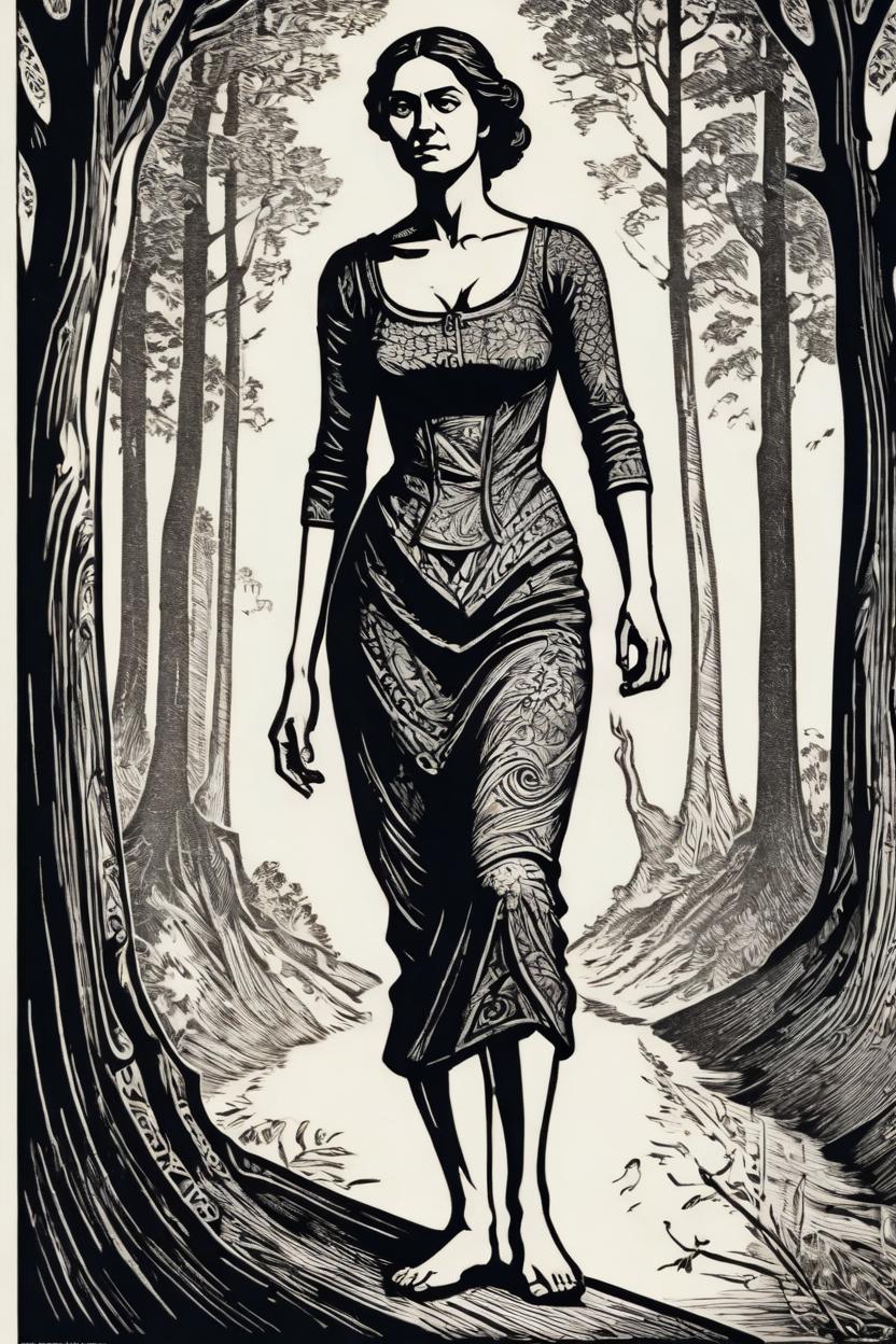 Artificial Intelligence (AI) generated image art, A remarkable (((fullbody view))) of woman in an expressive woodcut in the style of Ernst Barlach