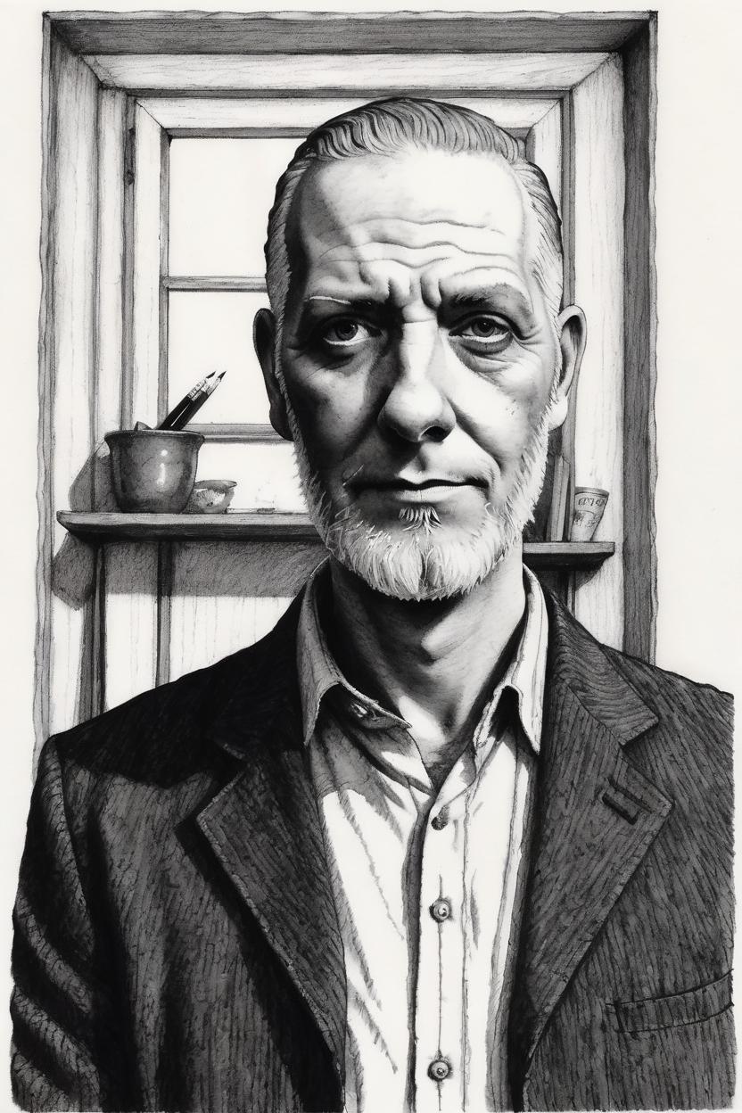 Artificial Intelligence (AI) generated image art, man, Edward gorey illustration style, pencil and ink, portrait, high detail, art style