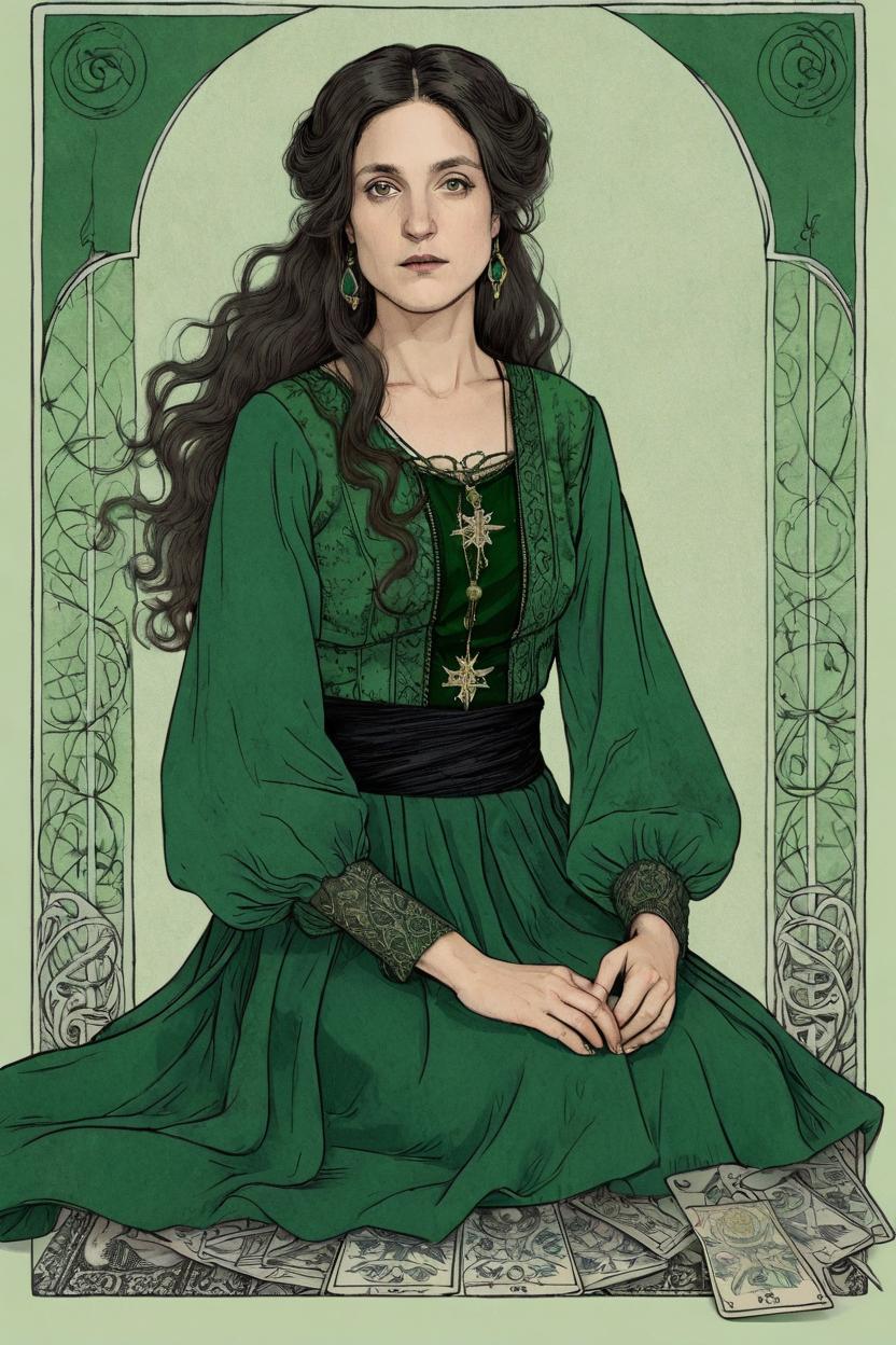 Artificial Intelligence (AI) generated image art, woman, illustration, a tarot card drawing sitting, wearing green dress, long hair, elegant, mystical, artwork