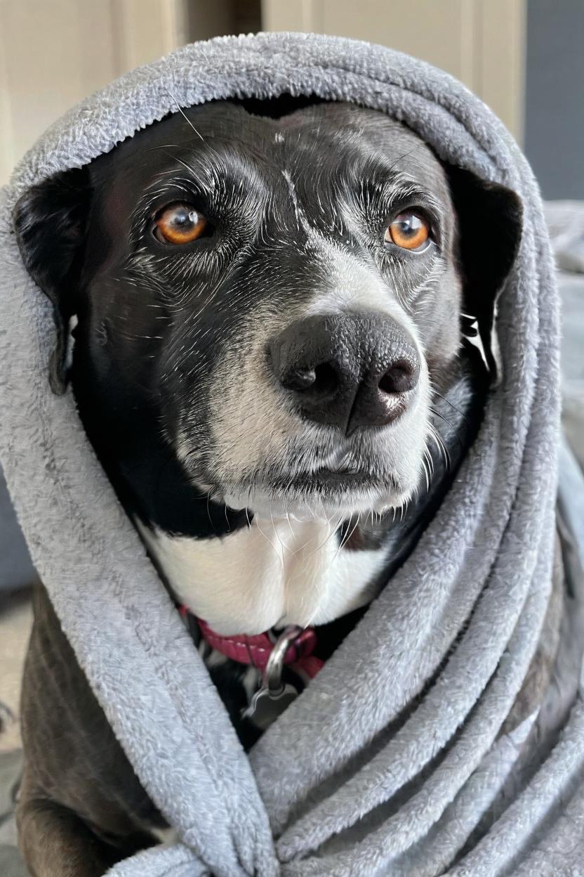 Artificial Intelligence (AI) generated image art, dog looking into the camera with a white towel wrapped around her head on a plain grey background