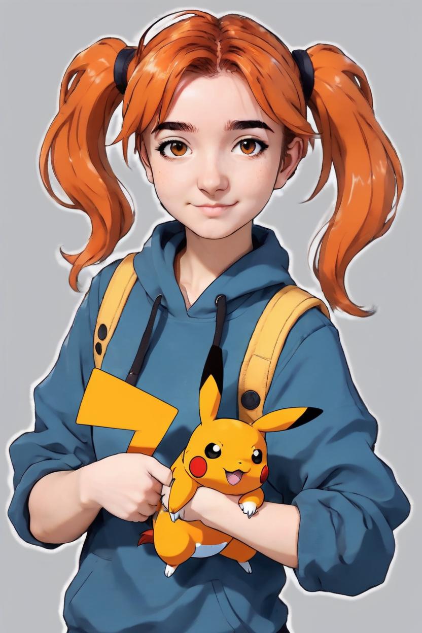 Artificial Intelligence (AI) generated image art, woman, as Misty from the anime Pokemon, ((anime art)), ((in style of Pokemon anime)), ((2D art)), short, orange hair, in low pigtails, holding a Pokemon with both of her arms