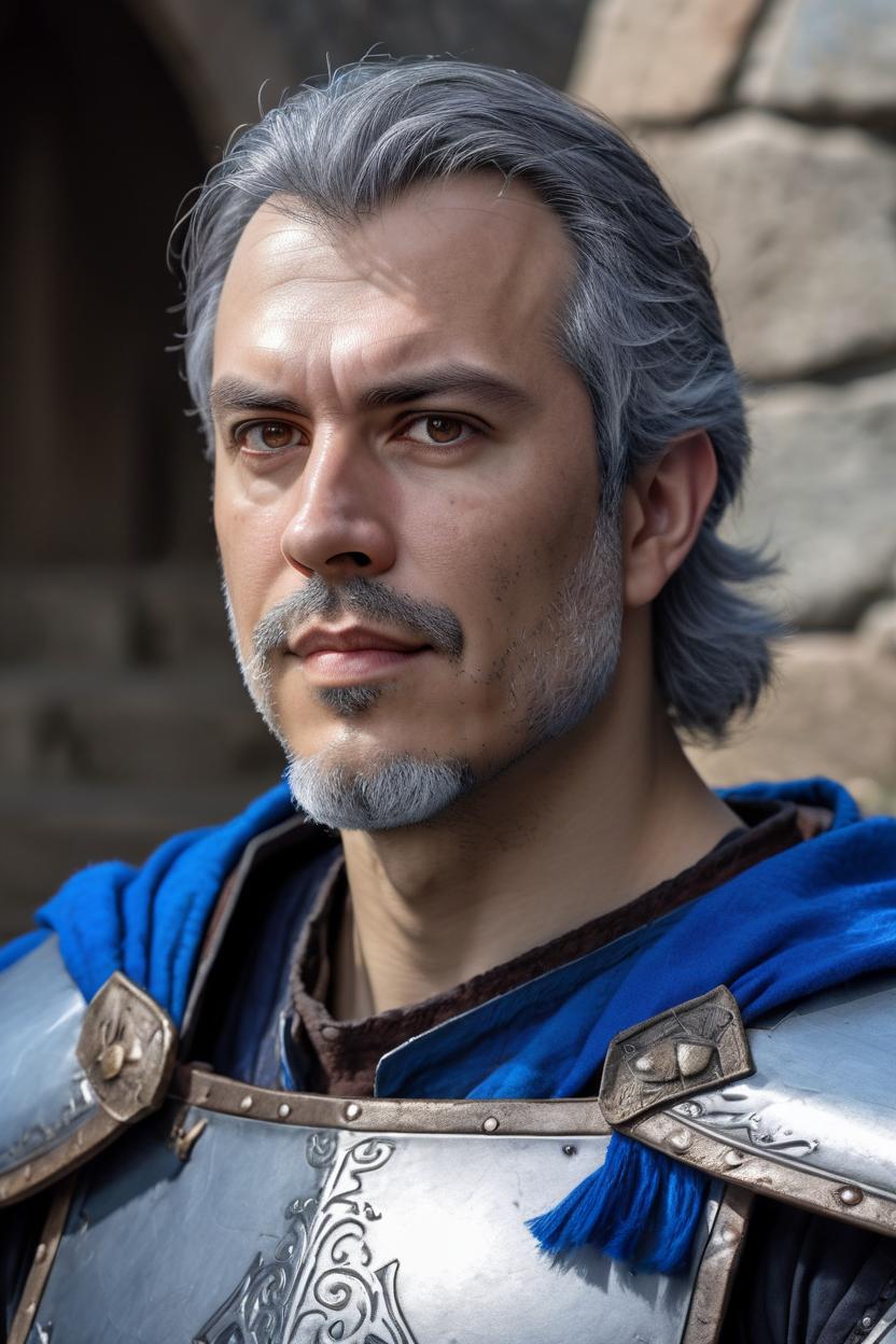 Artificial Intelligence (AI) generated image art, man, art by Greg Rutkowski, fantasy paladin with blue cloak, dnd, friendly expression, medium long grey hair, muscular build, full plate armor, full grey beard, portrait,