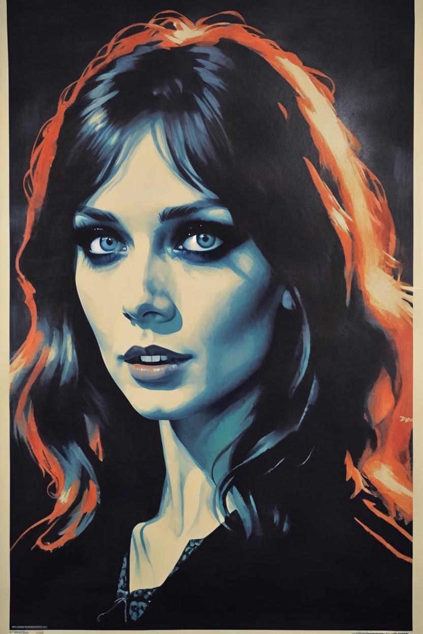 Artificial Intelligence (AI) generated image art, a poster of ((woman)) in the exorcist ( 1973 ), poster art by john carpenter, featured on deviantart, toyism, movie poster, concert poster, poster art, ((woman)) is 31 years old, black winged eyeliner on her eyelids, crazy look in her eyes, scary, (realistic likeness) to ((woman)), (hyper focused realism) (accurate portrait) of ((woman)) gothic style, horror movie art style