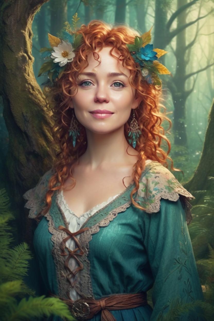 Artificial Intelligence (AI) generated image art, woman, in the style of Kinuko Y. Craft, fantasy illustration, beautiful, lovely, full body standing in a fantasy forest. Magical