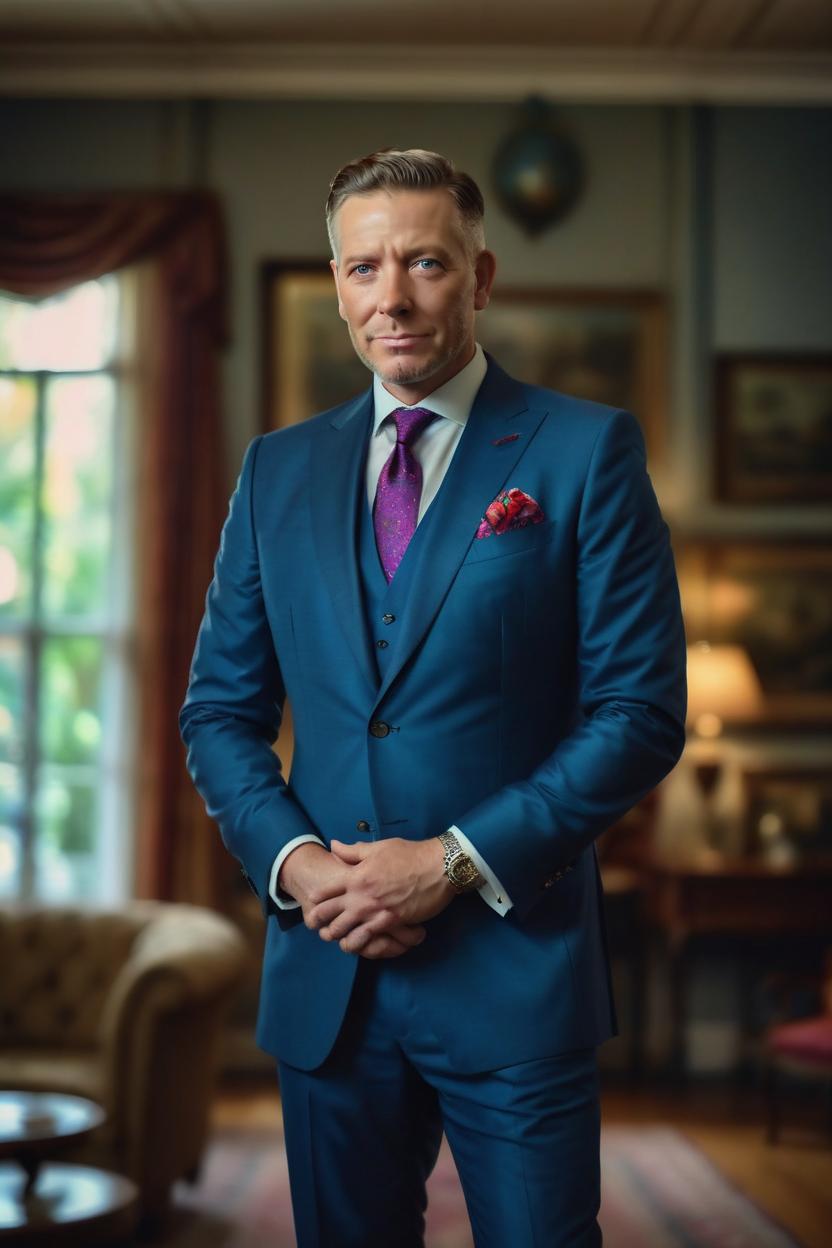 Artificial Intelligence (AI) generated image art, man,Ultra realistic portrait photography, wealthy, millionaire wearing an expensive suit, handsome man standing in his large home, captured in high resolution with vibrant colors and clean, sharp focus. Shot with a professional full-frame DSLR camera, utilizing soft natural lighting to accentuate the subject\\\'s features and convey a sense of luxury. The composition emphasizes the subject\\\'s confident demeanor, with a shallow depth of field to create a striking visual impact.