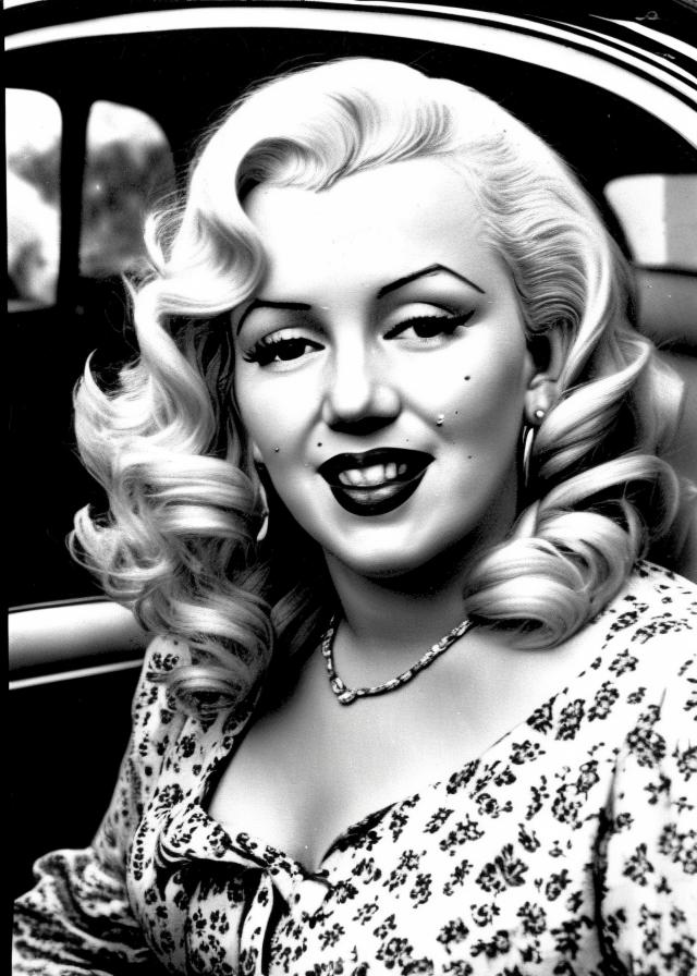 Artificial Intelligence (AI) generated image art, ((person)), portrait, Marilyn Monroe style old photo, film grain, in a car, ((person)) skinny women embodiment of Monroe, 1950s era, blonde hair, smirking, (realistic portrait) 1950 style