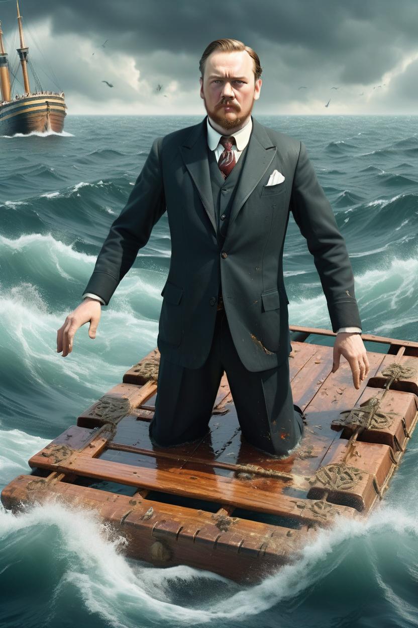 Artificial Intelligence (AI) generated image art, man, (intricate titanic image floating on a raft in the sea with the ship sinking), extremely detailed beautiful human character, illustration, outside background, sharp focus, full body tall heavy set body,
