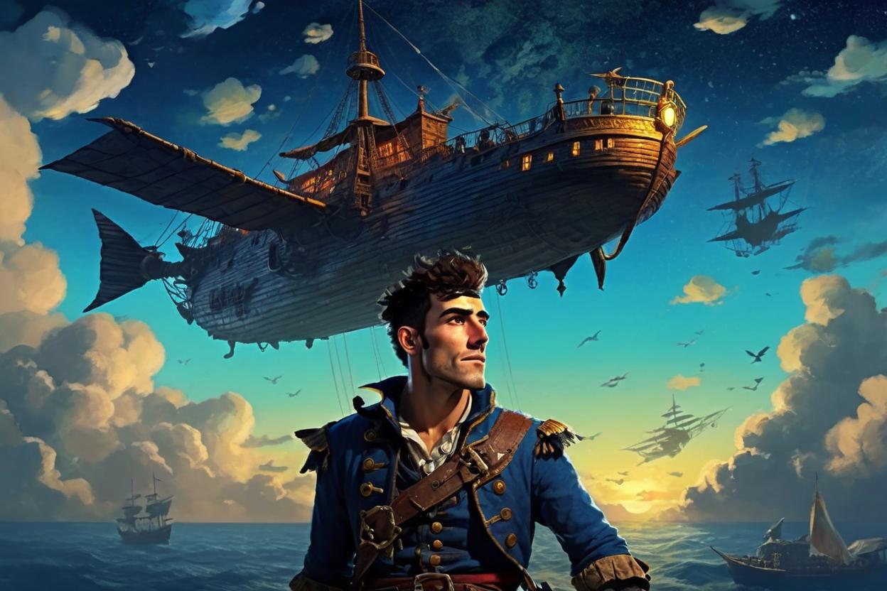 Artificial Intelligence (AI) generated image art, man, as a sky pirate, 2D animation, 3D night sky background, flying ship, epic, art by Howard Pyle and N.C. Wyeth