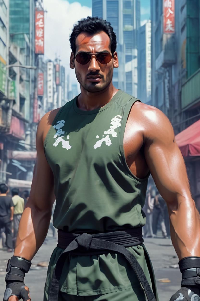 Artificial Intelligence (AI) generated image art, man, (ghost in the shell 1995 anime film), portrait, scifi city landscape, martial artist