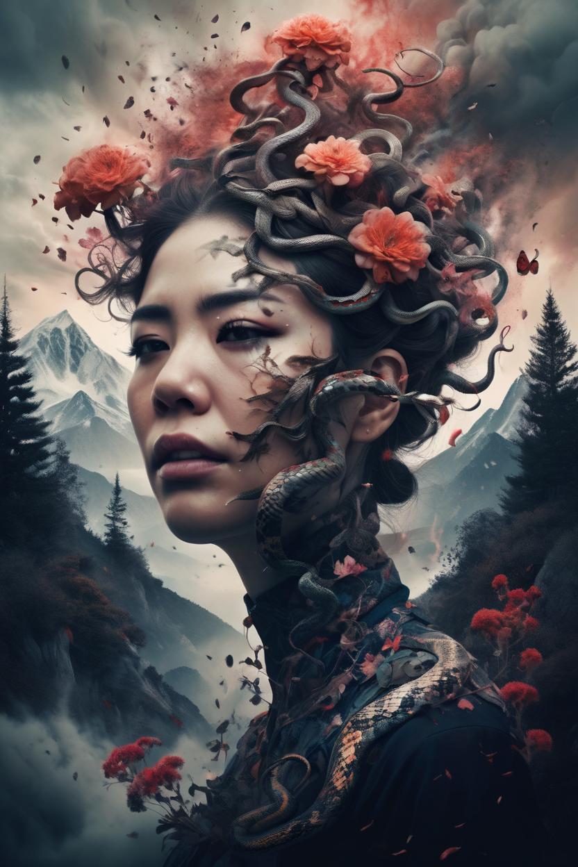 Artificial Intelligence (AI) generated image art, Black snakes exploding out a woman head, crying blood, trees, flowers, mountain, midnight, nature mind, expressive creative art, surrealistic concept art, ethereal landscape in a cloud of magic coming out the top of a human head, incredible details, high-quality, flawless composition, masterpiece, behance, by Marco Mazzoni, ink wash
