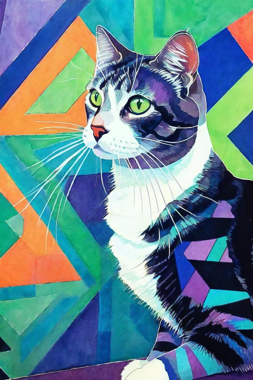 Artificial Intelligence (AI) generated image art, illustration of cat, art deco style, with blues, purples and greens geometric background, Sonia Delaunay