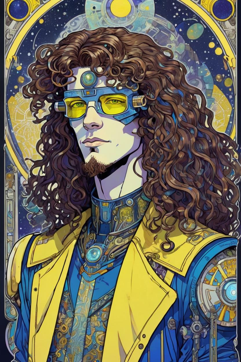 Artificial Intelligence (AI) generated image art, (man), portrait, artwork by Ivan Bilibin, Art Nouveau, tarot, cyberpunk, yellow and blue android, cyborg, robotic, cyberpunk, retro, with shoulder length naturally curly brown hair hair, with one bang peice of hair in front colored white, hazel white eyes, mauve irises, full body