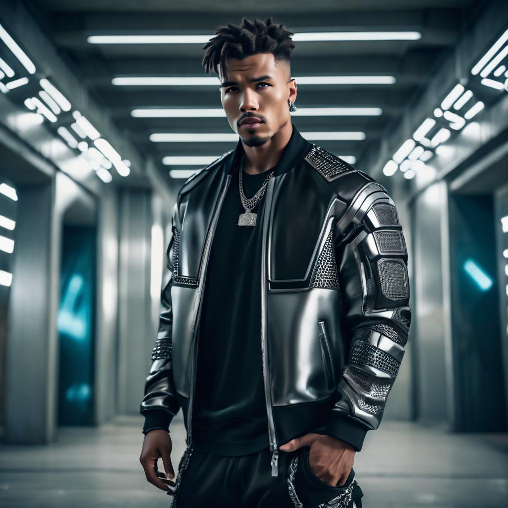 Artificial Intelligence (AI) generated image art, fashion photography of man, wearing futuristic hiphop fashion, inside berghain, futuristic fashion, photo 3 5 mm leica, hyperdetail, 8 k, very detailed, photography, (handsome) man, muscular, beautiful man, strong and healthy man, perfect proportions, detailed, clean, sharp, focus Shot on Hasselblad H6D-400c lens,