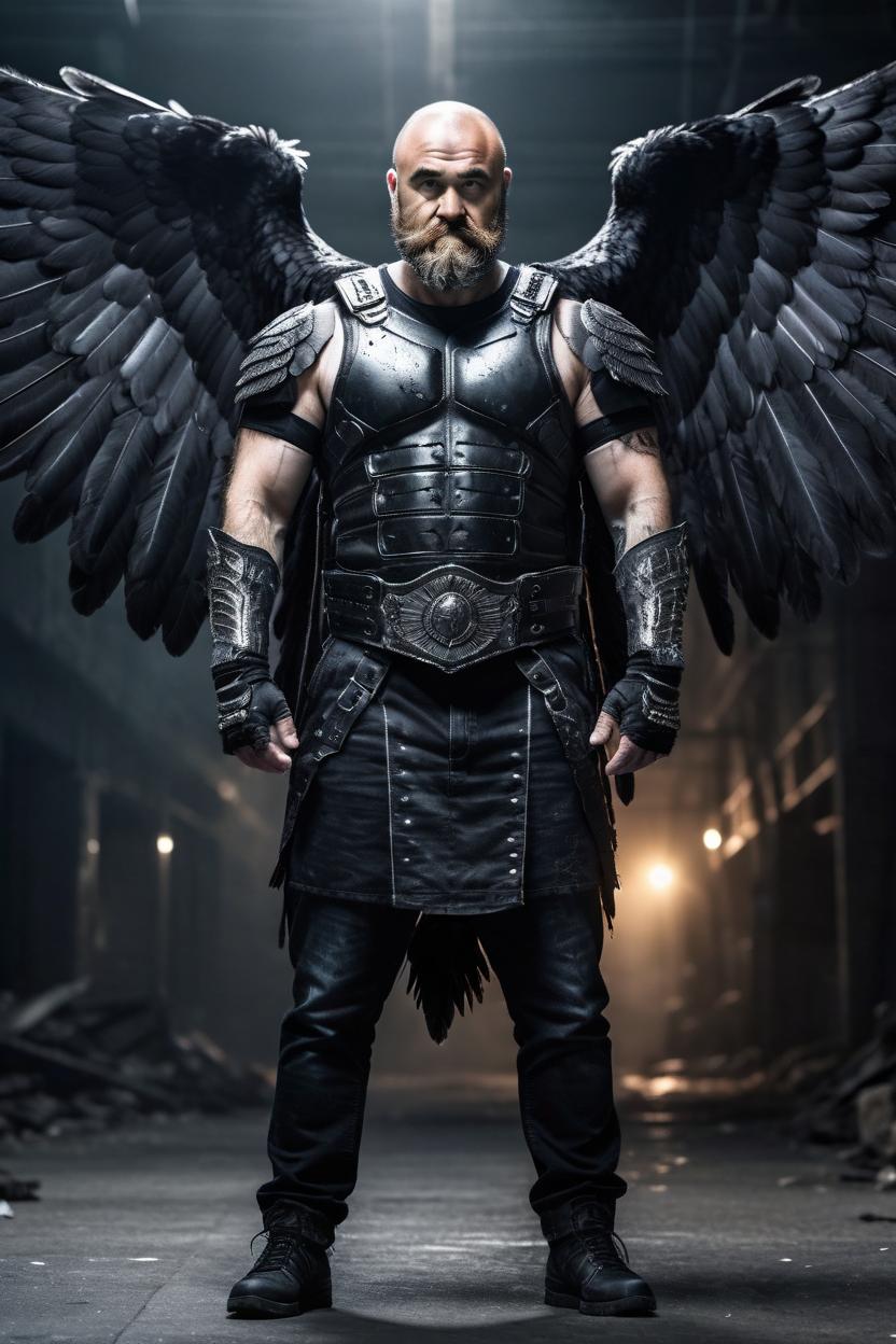Artificial Intelligence (AI) generated image art, man, as a winged angel warrior with black feahters, full body photo, looking away from camera, in dark dystopic environment, highly detailed photo, gritty