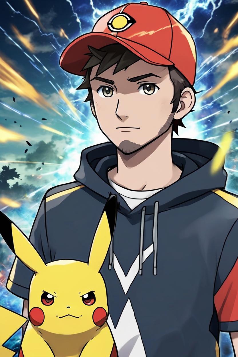 Artificial Intelligence (AI) generated image art, man, as Ash from the anime Pokemon, ((anime art)), ((in style of Pokemon anime)), ((2D art)), in a Pokemon battle, with Pikachu by his side