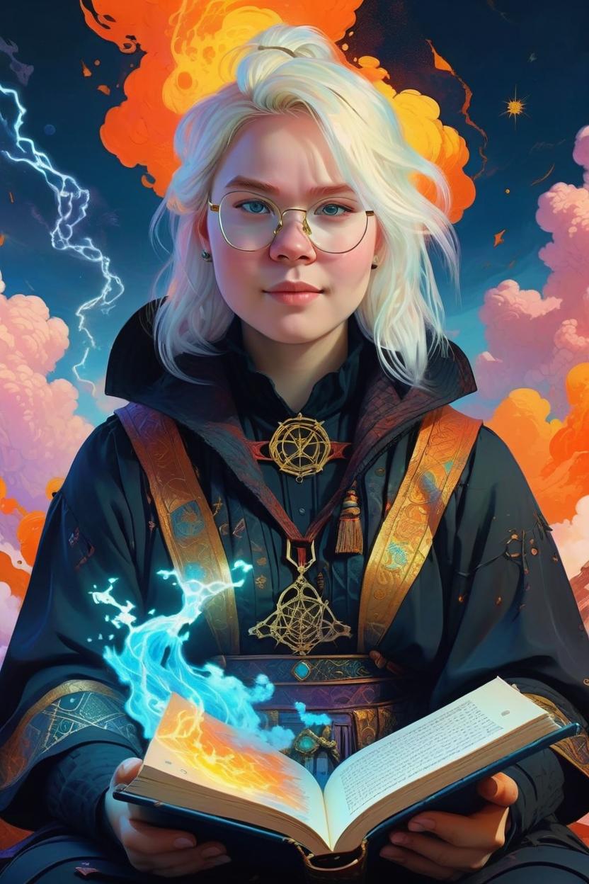 Artificial Intelligence (AI) generated image art, (woman) as a mage, holding a book of spells, portrait by Victo Ngai, Kilian Eng vibrant colors, award-winning masterpiece, fantastically gaudy, aestheticly inspired by beksinski and dan mumford, 4K upscale with Simon Stalenhag work, sitting on the cosmic cloudscape