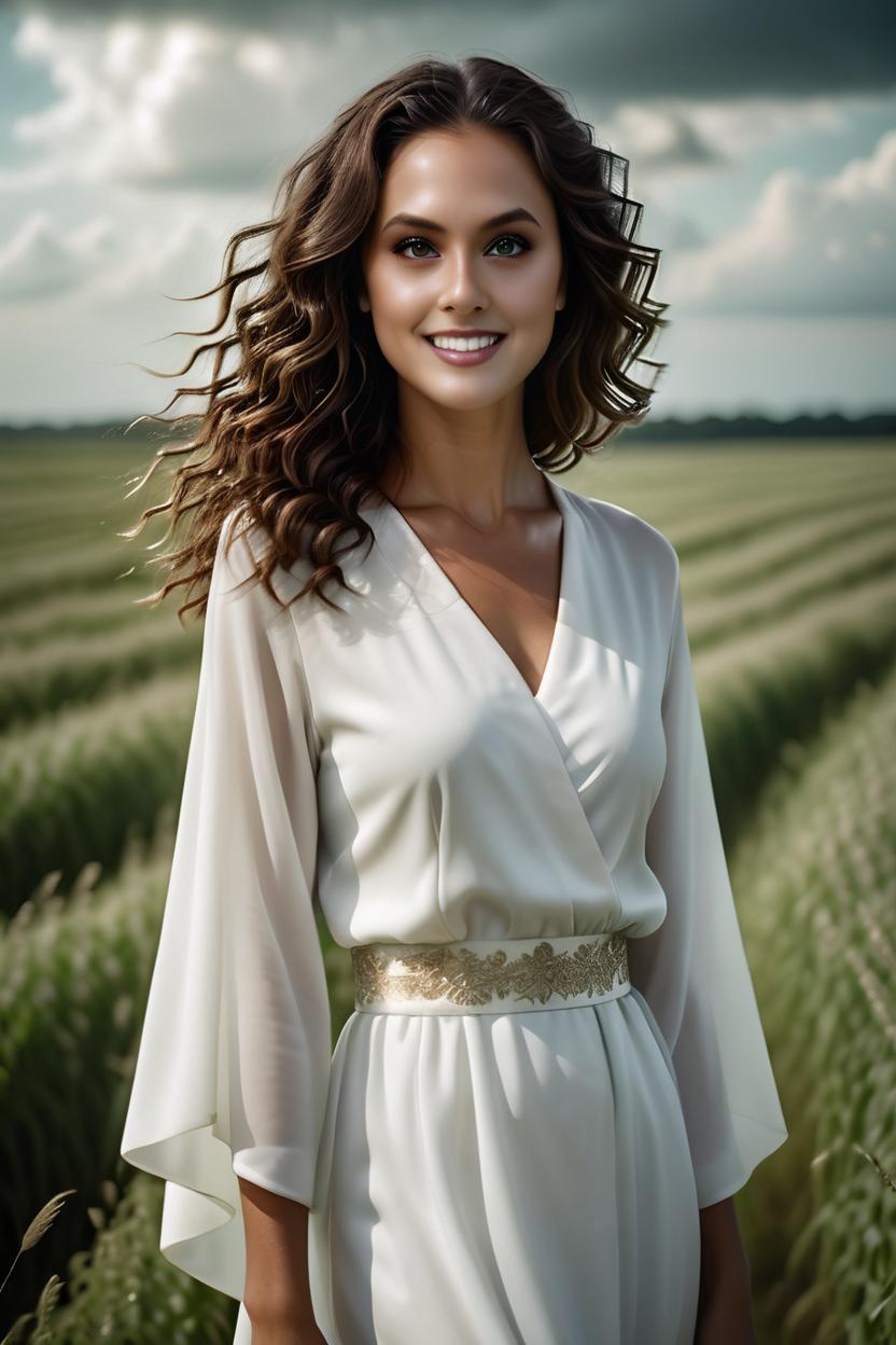 Artificial Intelligence (AI) generated image art, woman, The award-winning international photograph captures the image of a beautiful ghostly woman with tan skin, green eyes, and long curly hair. Wearing flowing white robes. Her big brown eyes reflect a tender and deep gaze as she ascends into heaven. The photograph, taken with a Canon 50mm lens, shows a dramatic clouded sky blurred in the background, further highlighting the beauty of the model. Every detail of the image is optimized to the fullest, making this photograph a masterpiece that conveys a sense of delicacy and strength at the same time. amazing