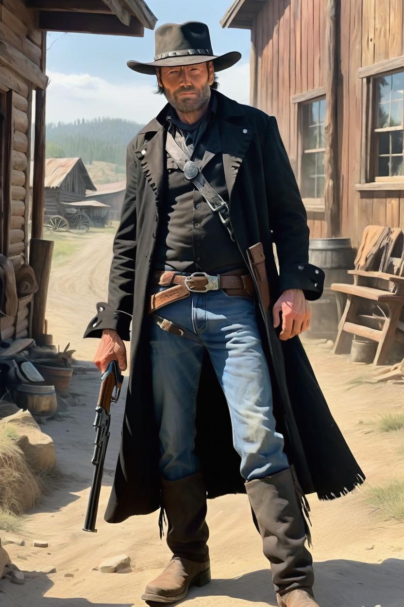 Artificial Intelligence (AI) generated image art, man, as western gunslinger, the outlaw josey wales, full length, mysterious looking, very detailed, photo realistic