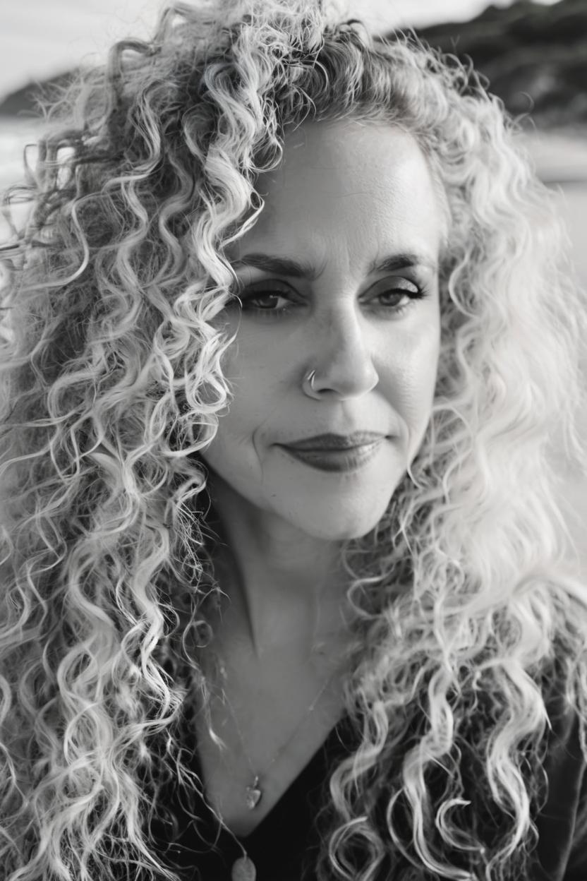 Artificial Intelligence (AI) generated image art, woman, closeup, woman with long, silver, naturally curly hair, (3/4 profile of face), looking far off into distance, (85 mm lens), (black and white photography), (film photography), gaussian blur, beach background, soft lighting